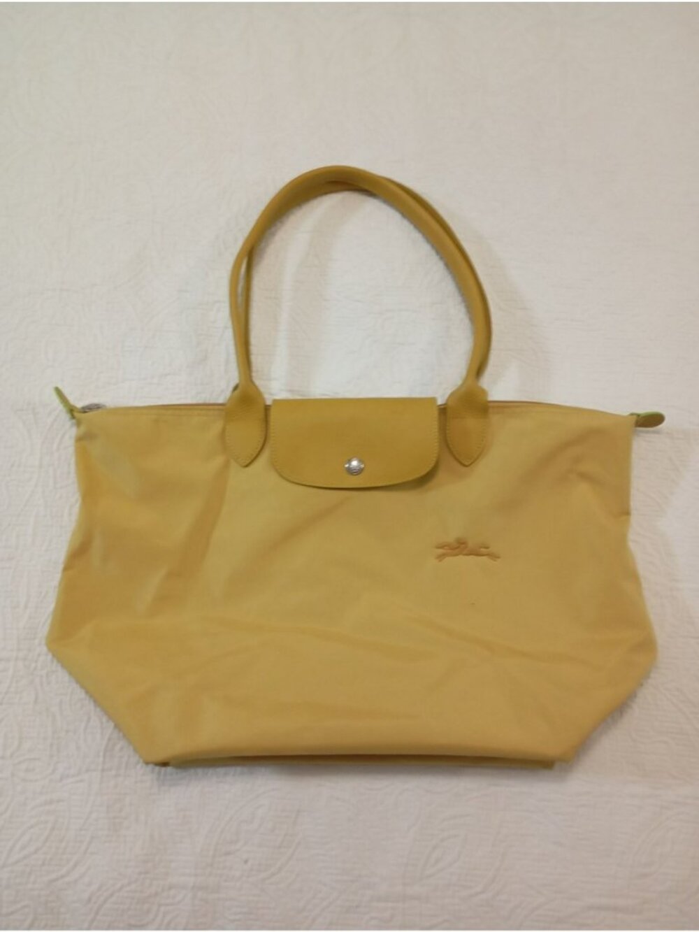 Longchamp Le Pliage Large Yellow Nylon Tote With Leather Handles & Snap Closure
